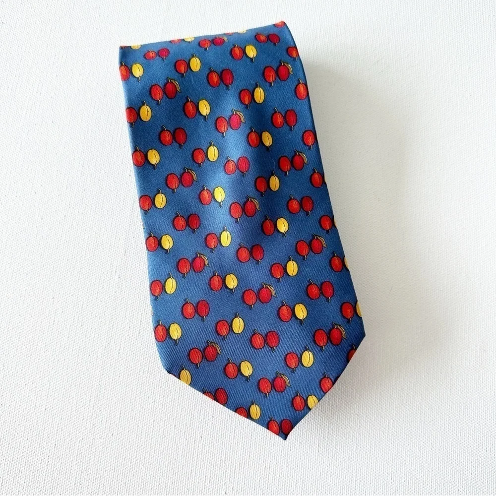 YSL Yves Saint Laurent Men’s Tie Necktie Blue Peaches Fruit Silk